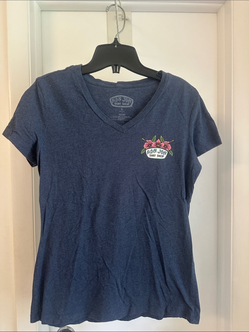 Ron Jon Navy V-Neck Tee with Pink Floral Logo - Hello Sunshine